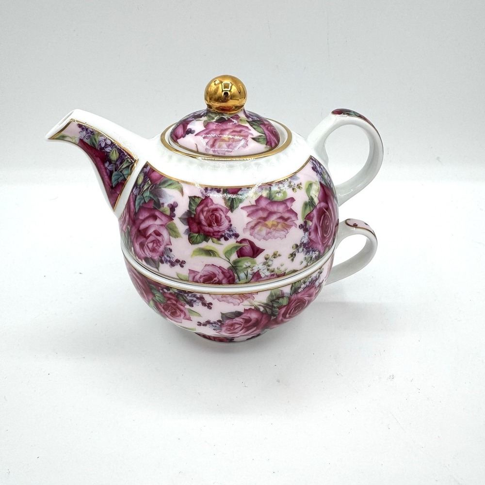 Aynsley Fine Bone China Floral Tea For One Set Teapot‎ Cup Lid Pink Roses Gold